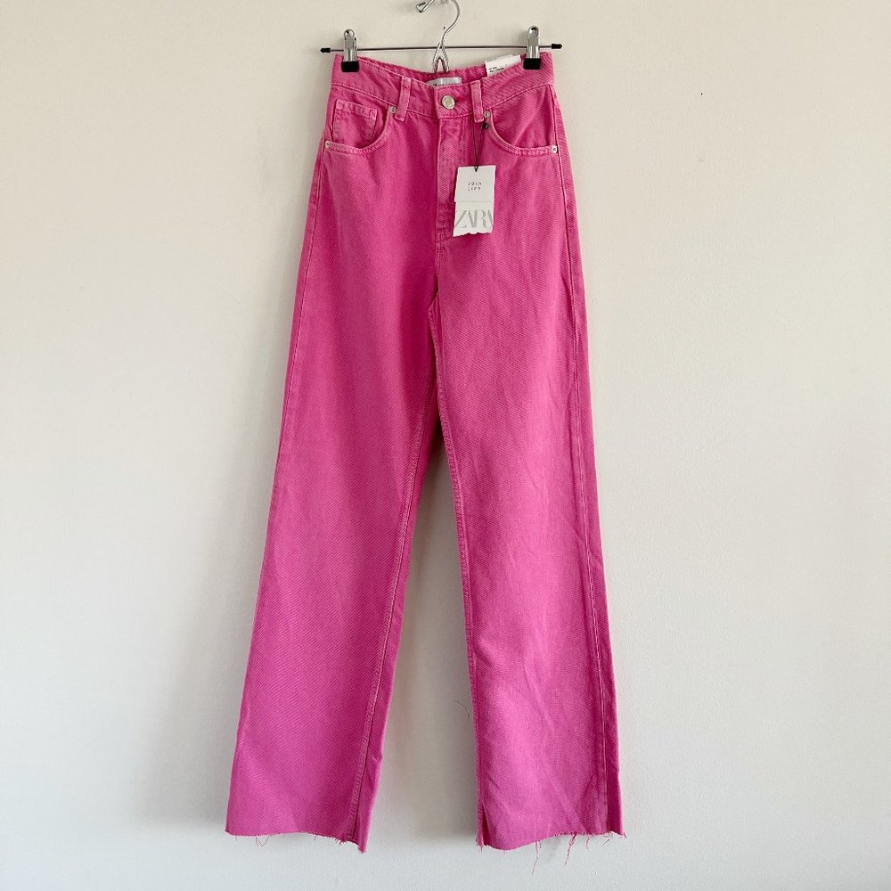 NWT Zara High Waist Wide Leg Jeans 2 Pink Full Length
